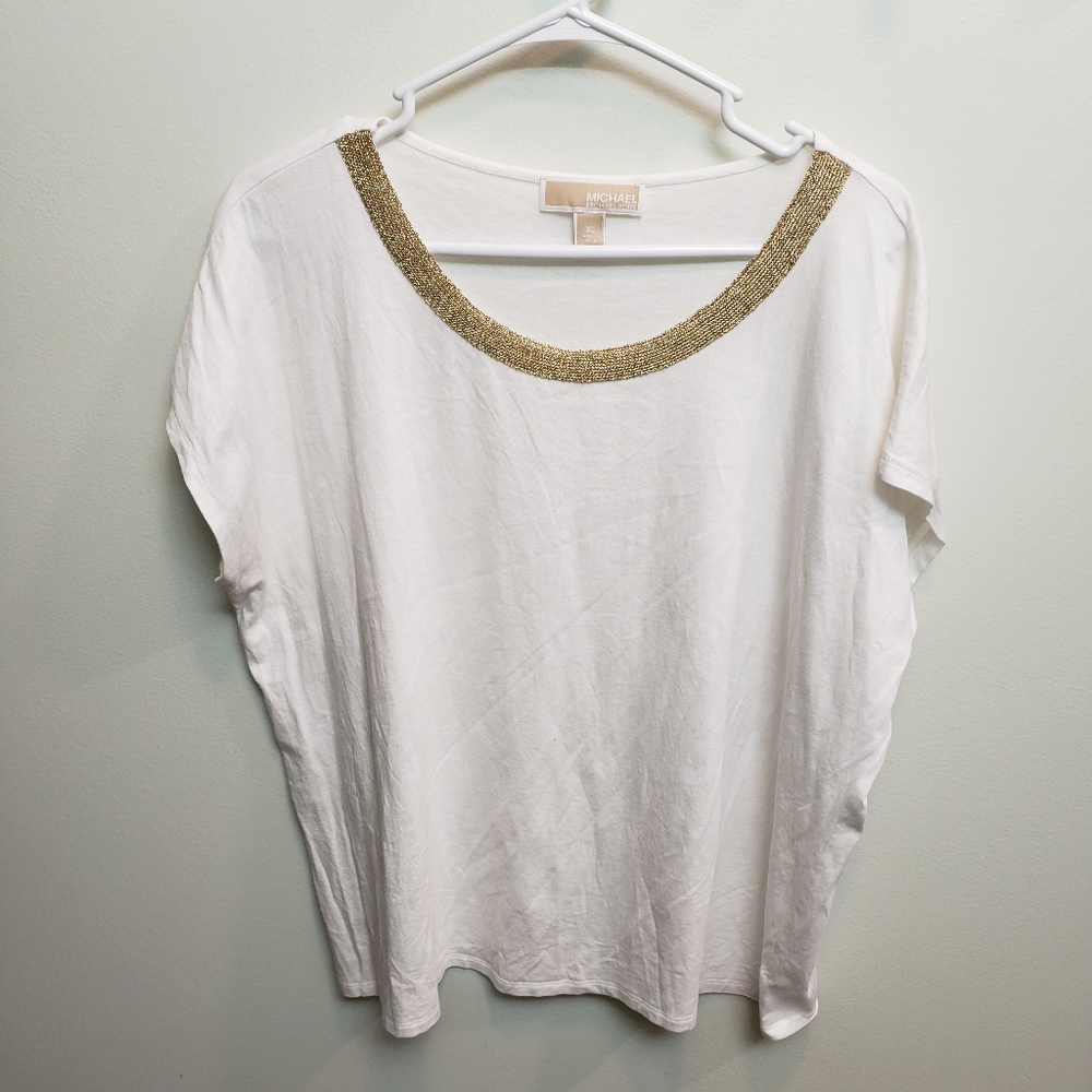 Michael Kors White Short Sleeve Tshirt Top with Gold Accents Size XL